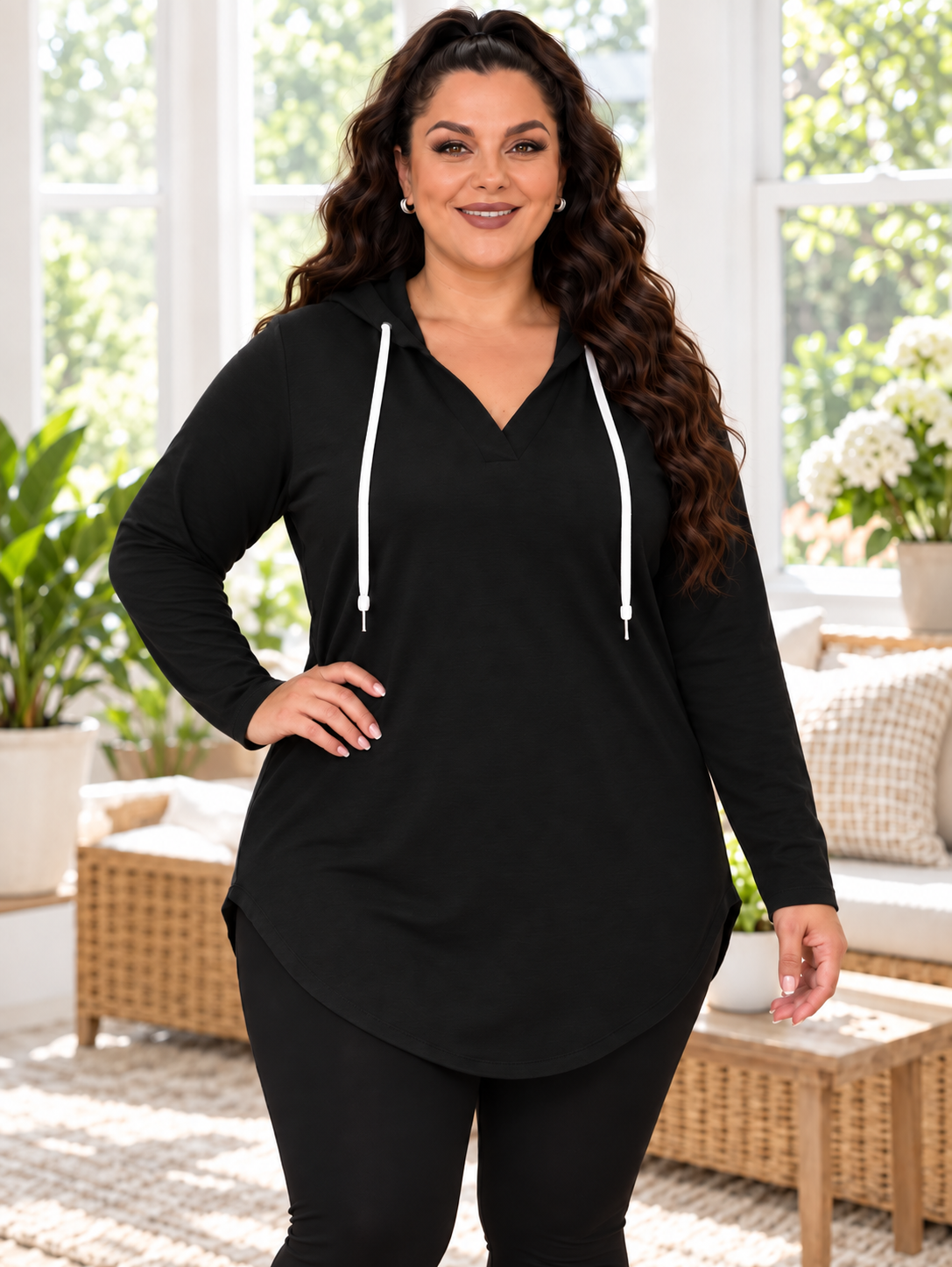 Women's Soft V-Neck Loose Drawstring Hoodie Long Sleeve Sweatshirt