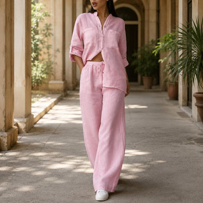 Women's Cotton Button-Up Shirt & Wide-Leg Pants Set