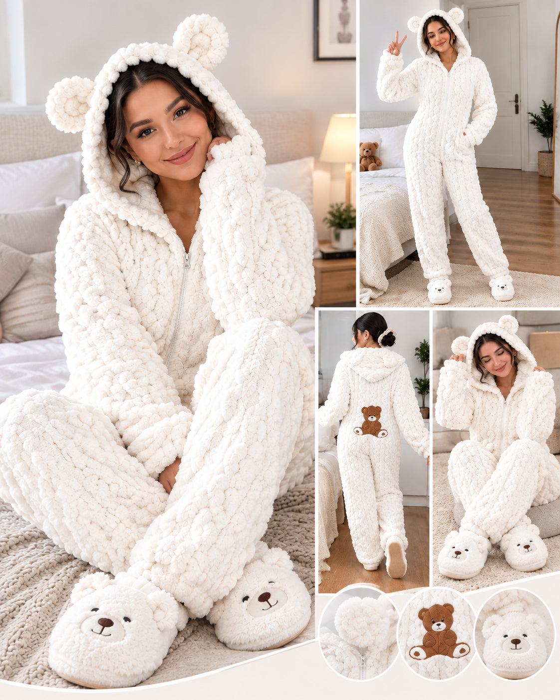 Women's Plush Teddy Bear Hooded Onesie Pajamas