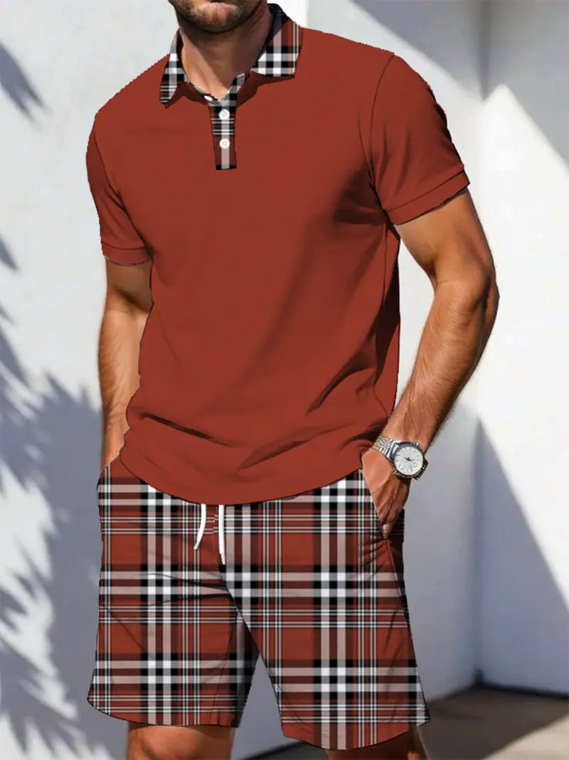 ☀️ Men's Summer Plaid Checked Patchwork Polo Shorts Set