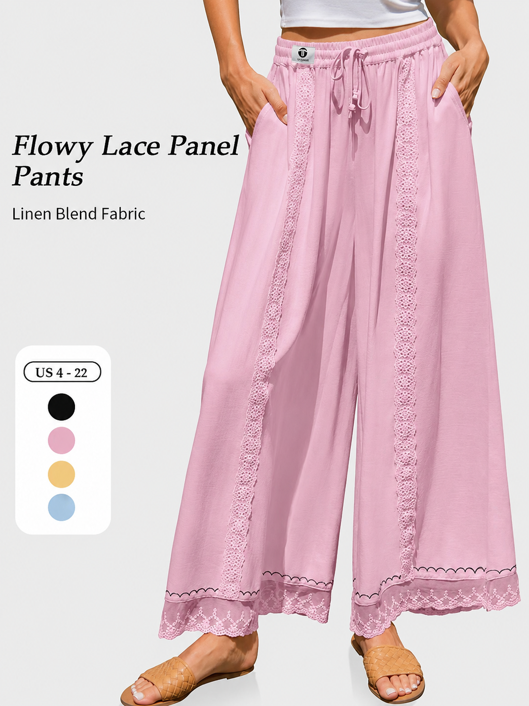 🌴 Boho Flowy Linen Wide Leg Beach Pants with Lace & Pockets