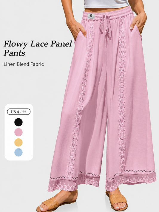 🌴 Boho Flowy Linen Wide Leg Beach Pants with Lace & Pockets