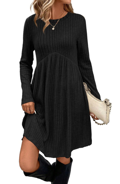 Women's Long Sleeve Ribbed A-Line Dress with Pockets