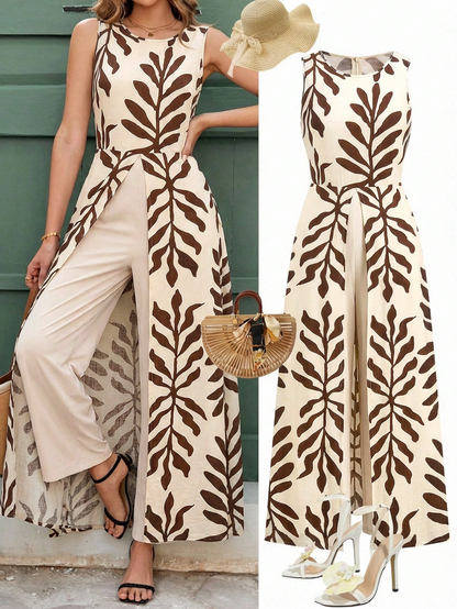 Women's Boho Printed Sleeveless Front-Split Maxi Top & Wide-Leg Pants 2-Piece Set
