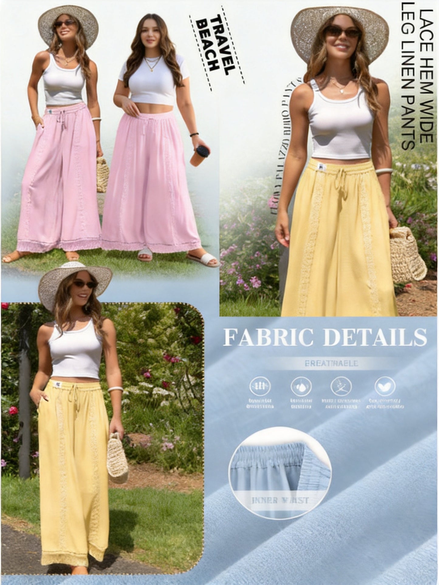 🌴 Boho Flowy Linen Wide Leg Beach Pants with Lace & Pockets