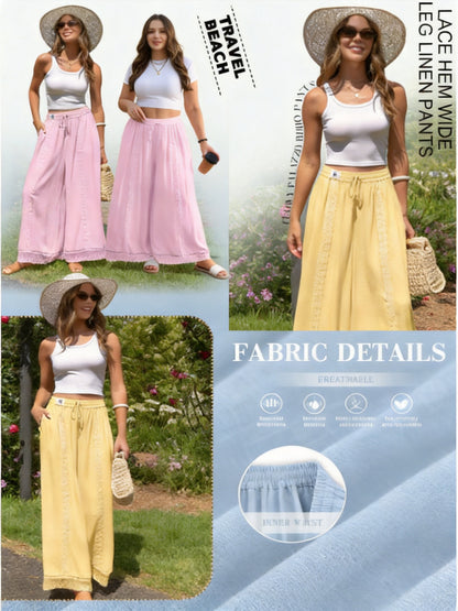 🌴 Boho Flowy Linen Wide Leg Beach Pants with Lace & Pockets