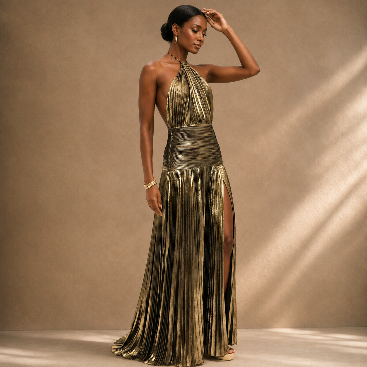 Elegant Satin Pleated Long Dress with Halter Neck for Women