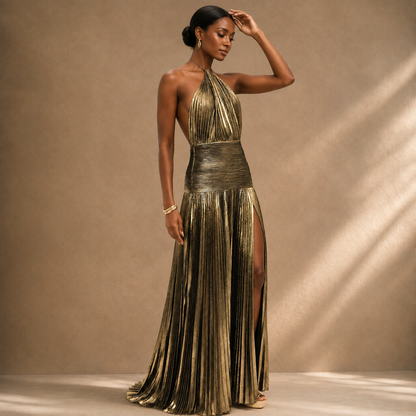 Elegant Satin Pleated Long Dress with Halter Neck for Women