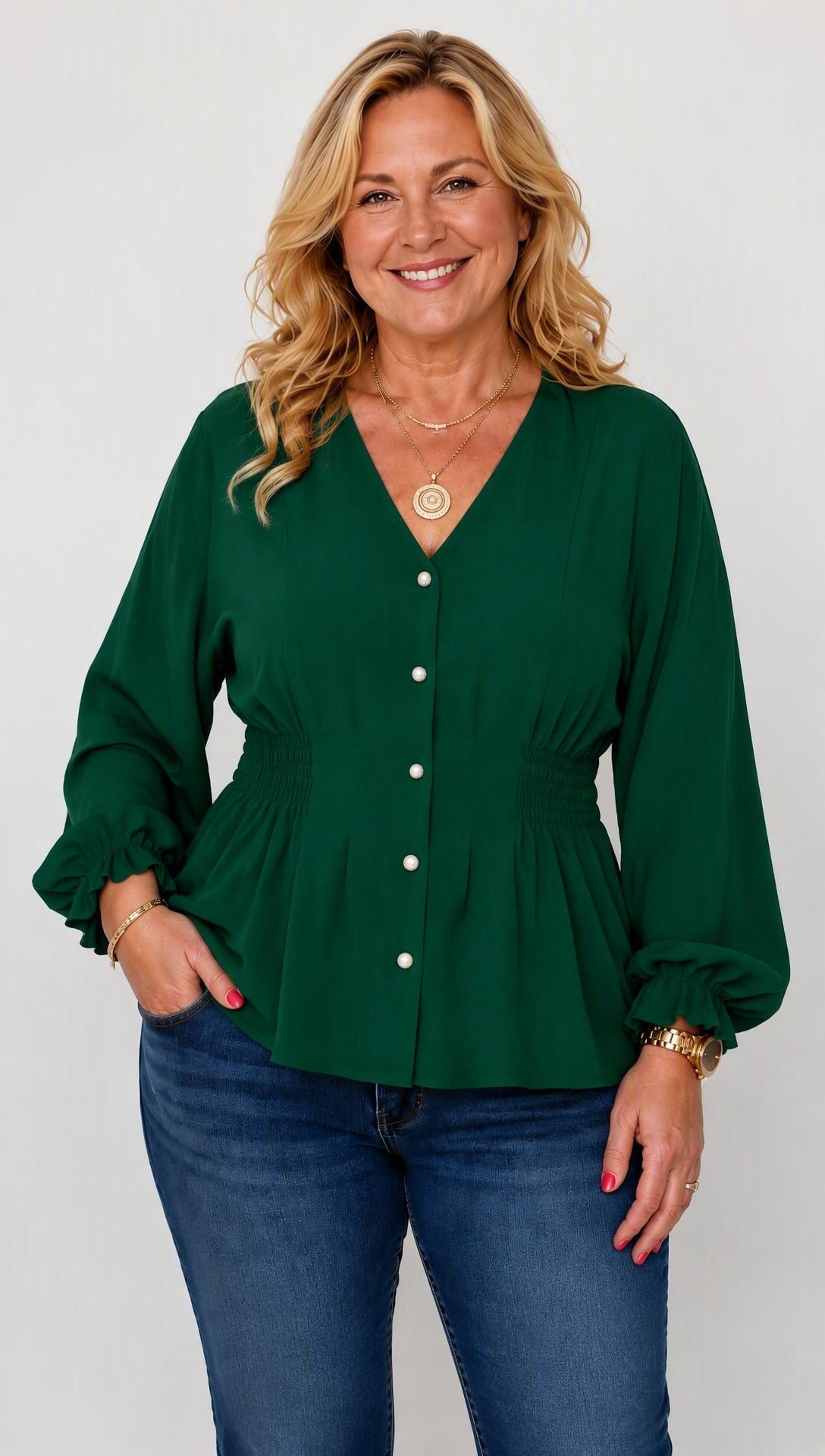 Elegant V-Neck Button-Down Smocked Waist Peplum Blouse