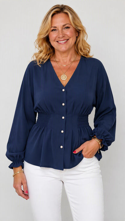Elegant V-Neck Button-Down Smocked Waist Peplum Blouse