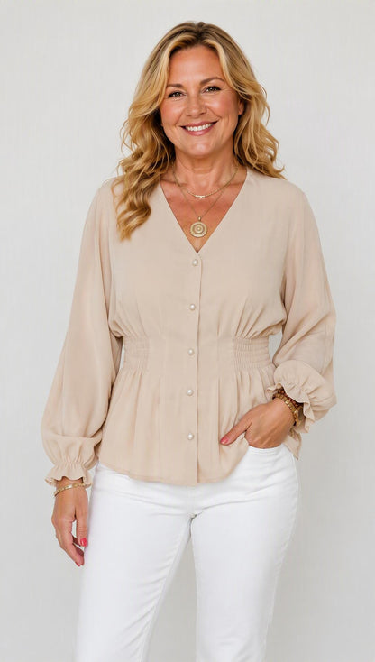 Elegant V-Neck Button-Down Smocked Waist Peplum Blouse