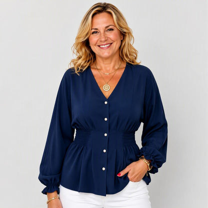 Elegant V-Neck Button-Down Smocked Waist Peplum Blouse
