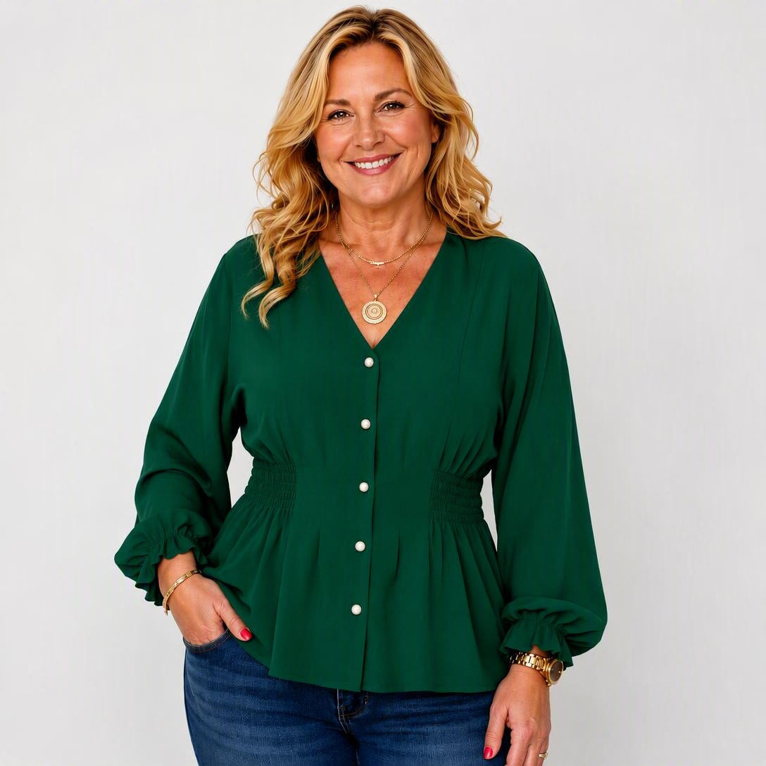 Elegant V-Neck Button-Down Smocked Waist Peplum Blouse