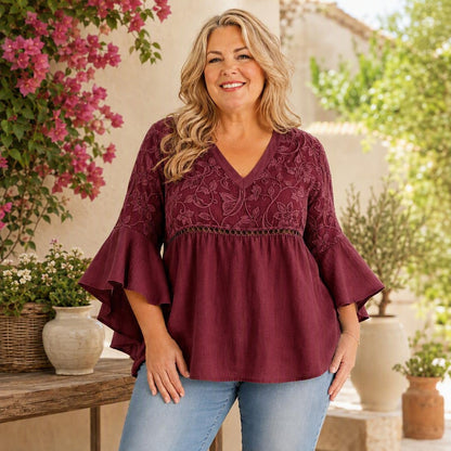 Women's Vintage Embossed V-Neck Ruffle Sleeve Blouse