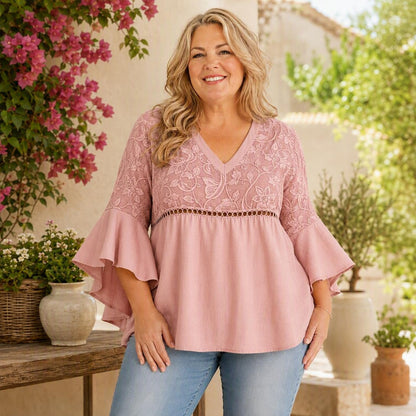 Women's Vintage Embossed V-Neck Ruffle Sleeve Blouse