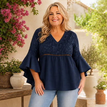 Women's Vintage Embossed V-Neck Ruffle Sleeve Blouse